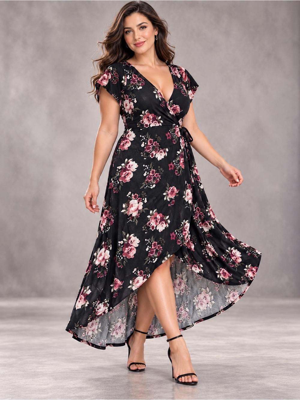J for Justify Black Floral Wrap High-Low Dress with Pink Blossoms